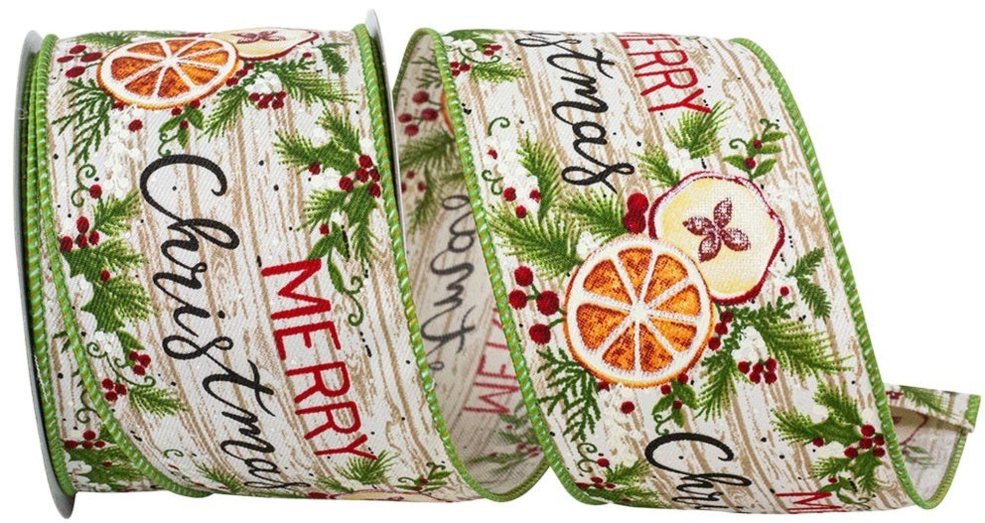 JAM Paper 2.5" x 10yd. Natural & Green Merry Christmas Wood Planks Wired Edge Ribbon